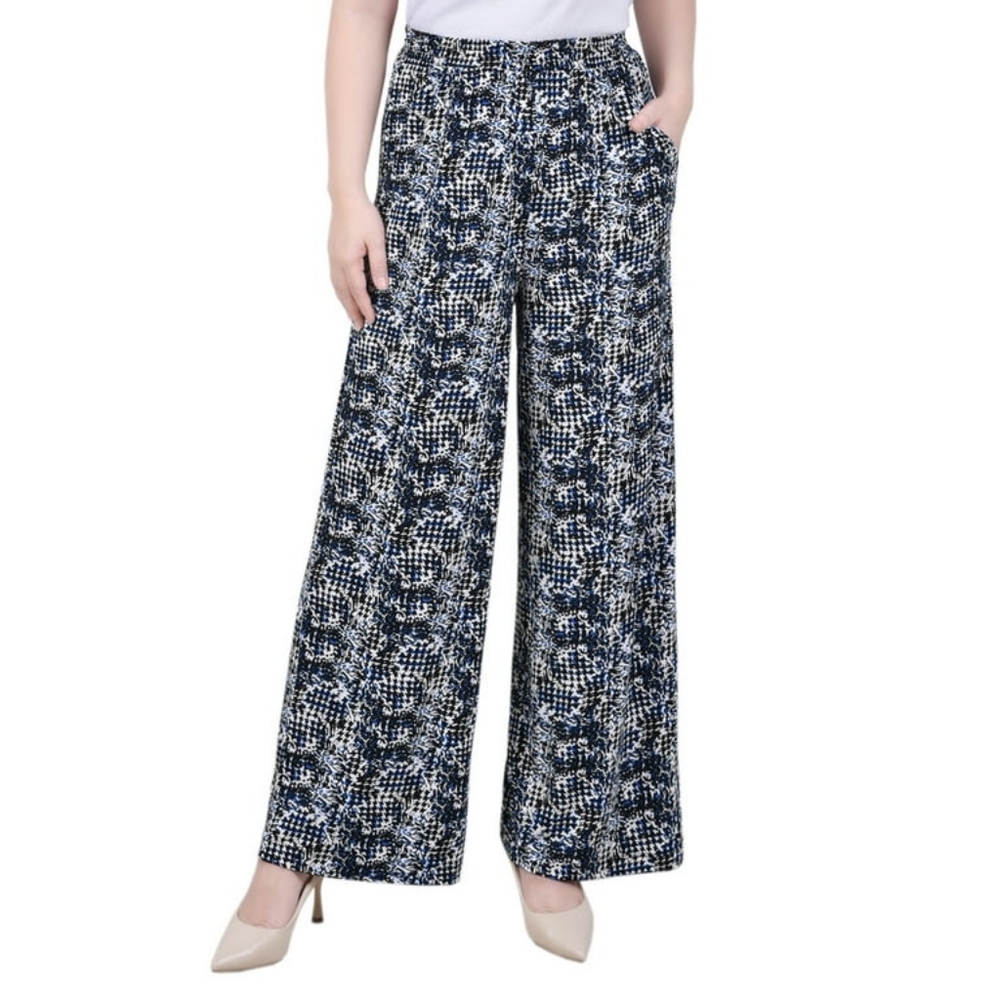 NY Collection Wide Leg Palazzo Pull On Pants, Black Navy Abstract, Size XL